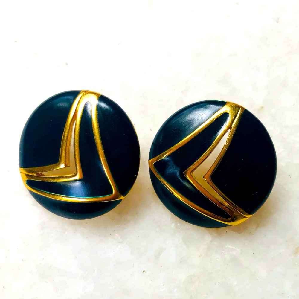 Vintage Deep Navy and Gold Round post Earrings